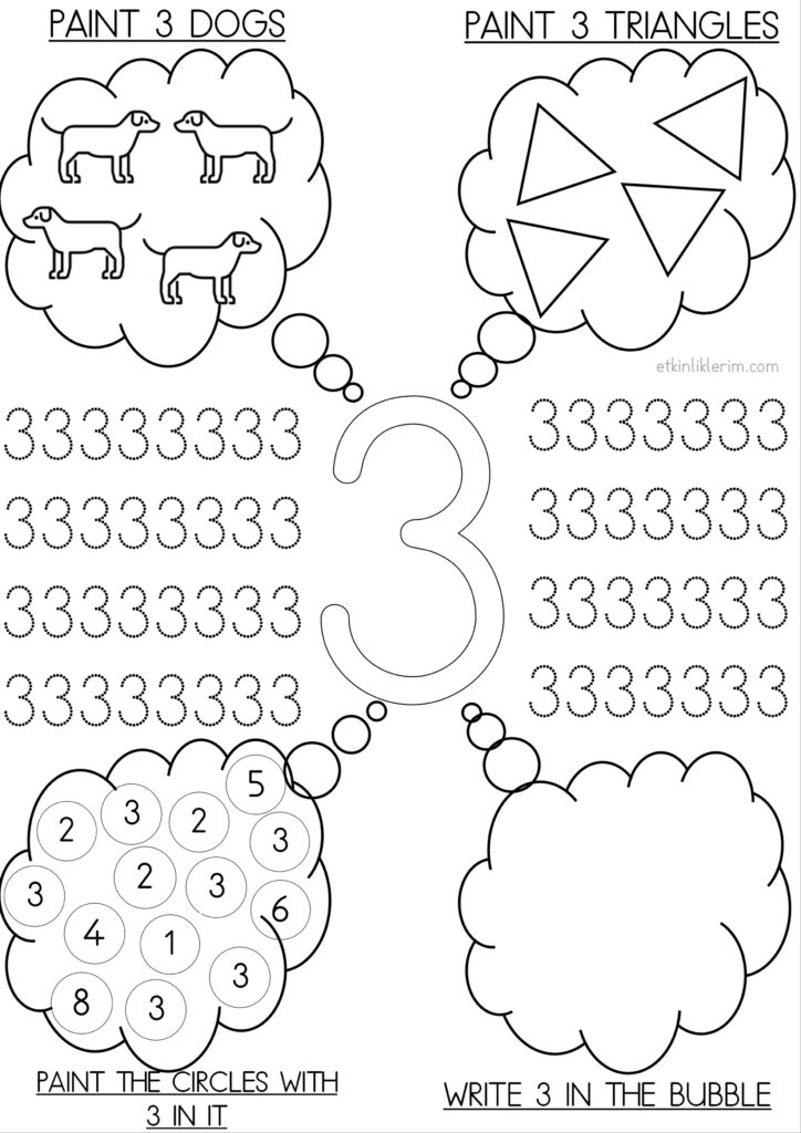 Number 3 Worksheet with Bubbles for Preschool