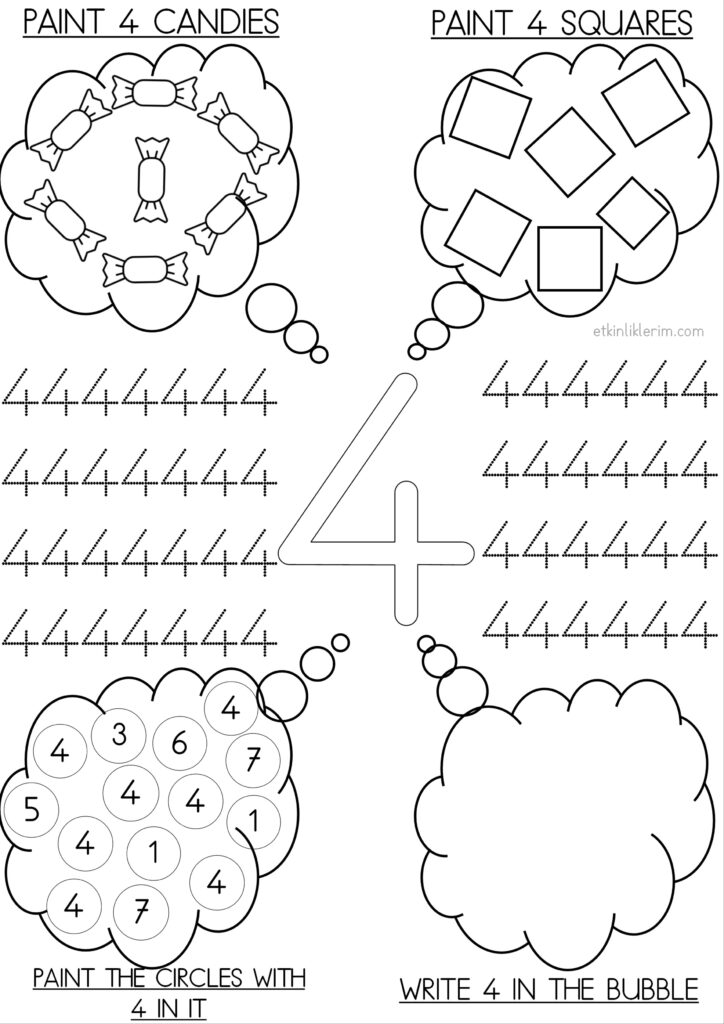 Number 4 Worksheet with Bubbles for Preschool