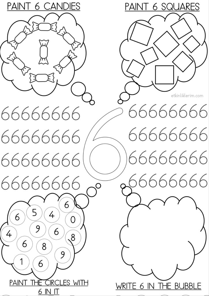 Number 6 Worksheet with Bubbles for Preschool