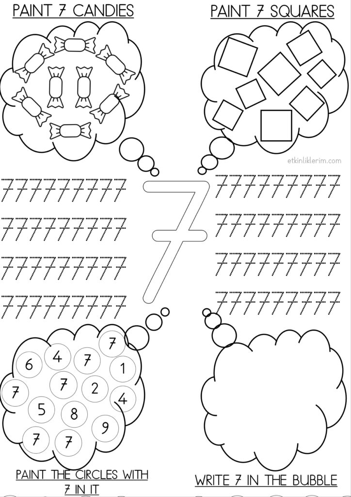 Number 7 Worksheet with Bubbles for Preschool