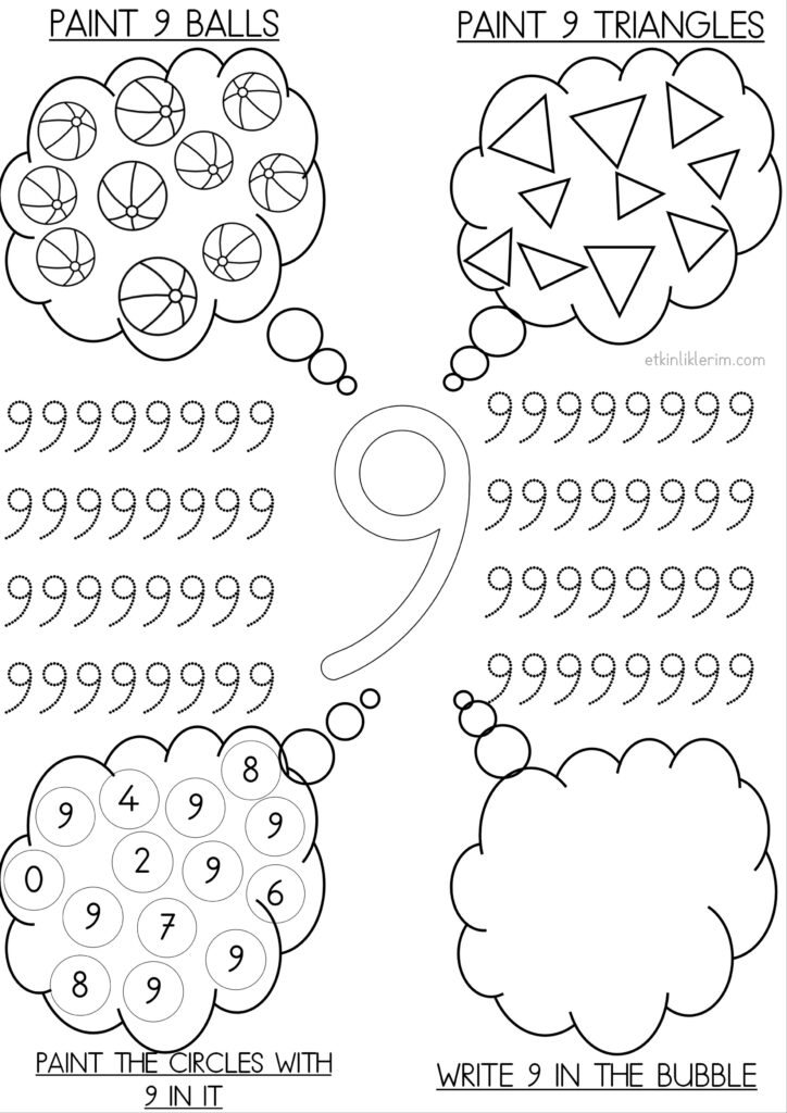 Number 9 Worksheet with Bubbles for Preschool